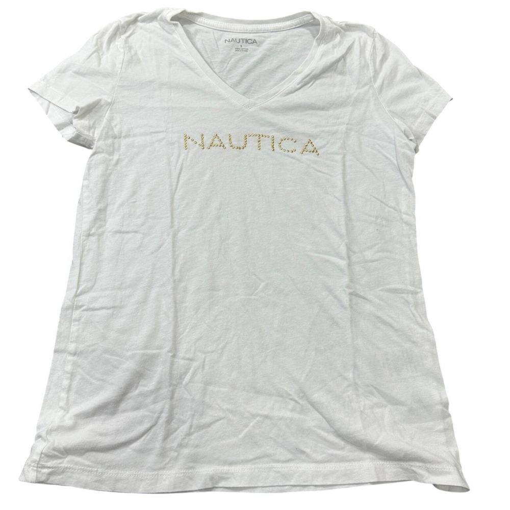Nautica Womens White V-Neck Studded Logo T-Shirt 100% Cotton Small - Picture 1 of 7